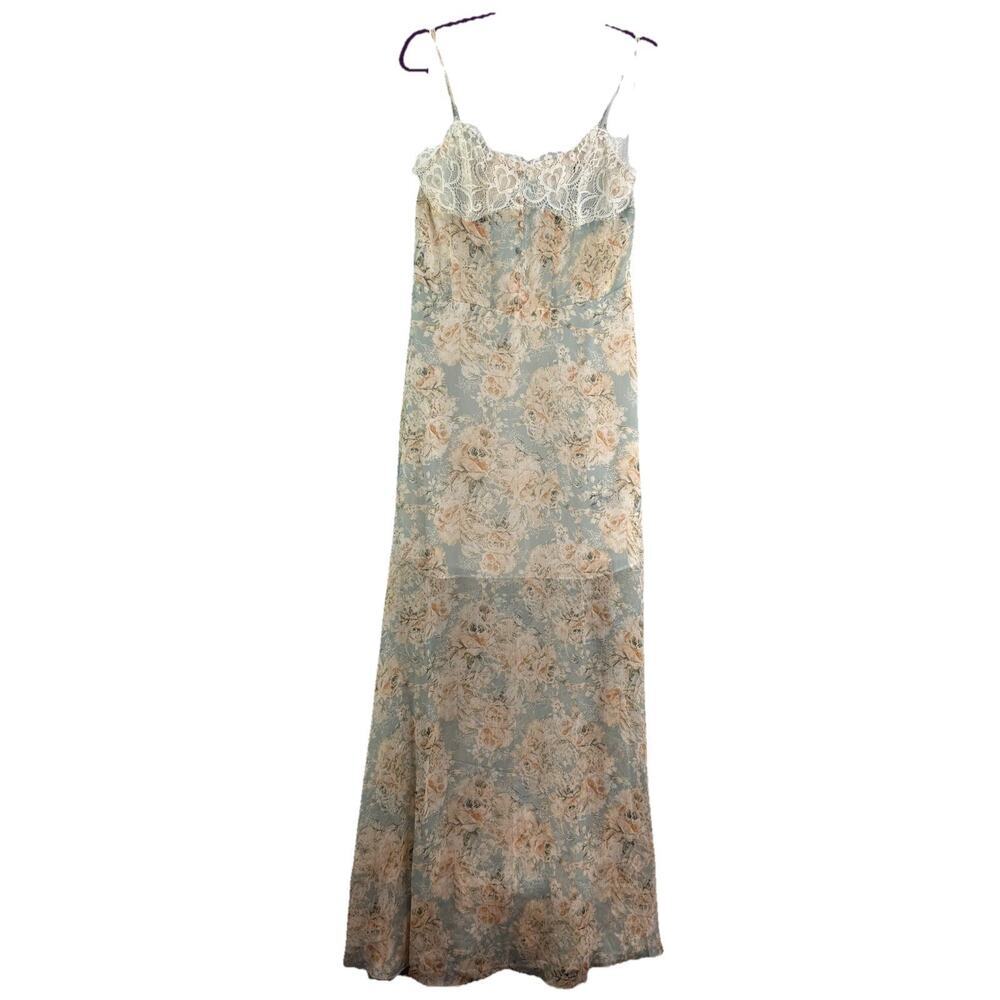 Vici x Fate Exclusive Sz L Dusty‎ Blue Pink Peach Flowers Floral Lace Maxi Dress